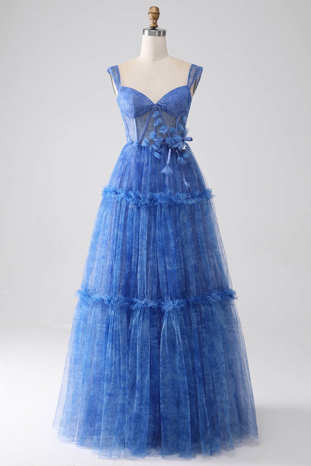 Blau bedrucktes A-Linie Tüll korsett Ballkleid
