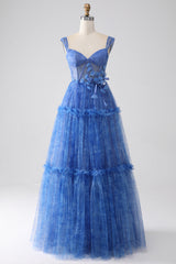 Blau bedrucktes A-Linie Tüll korsett Ballkleid