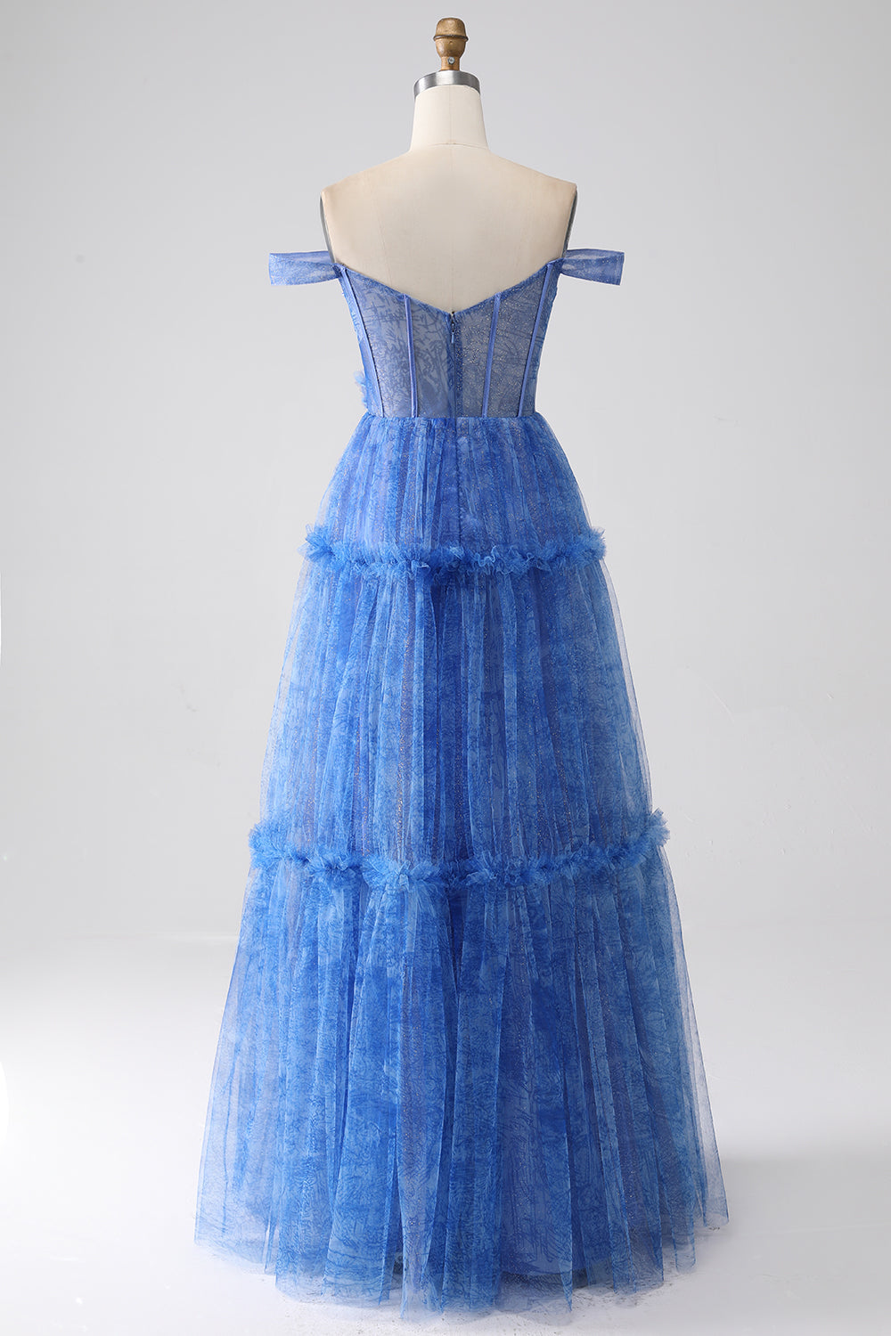 Blau bedrucktes A-Linie Tüll korsett Ballkleid