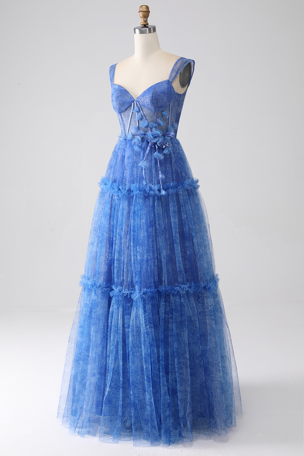 Blau bedrucktes A-Linie Tüll korsett Ballkleid
