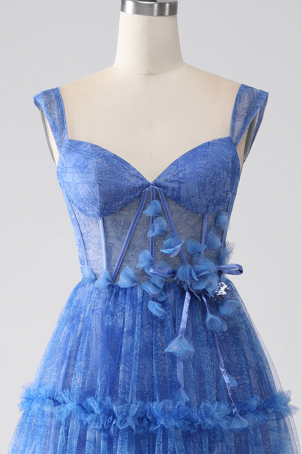 Blau bedrucktes A-Linie Tüll korsett Ballkleid
