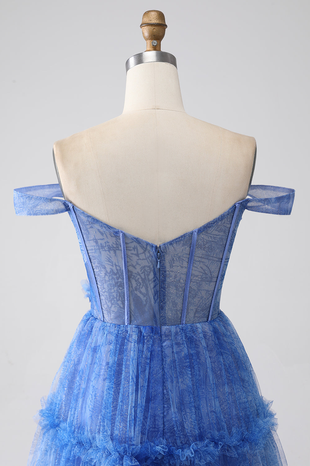 Blau bedrucktes A-Linie Tüll korsett Ballkleid