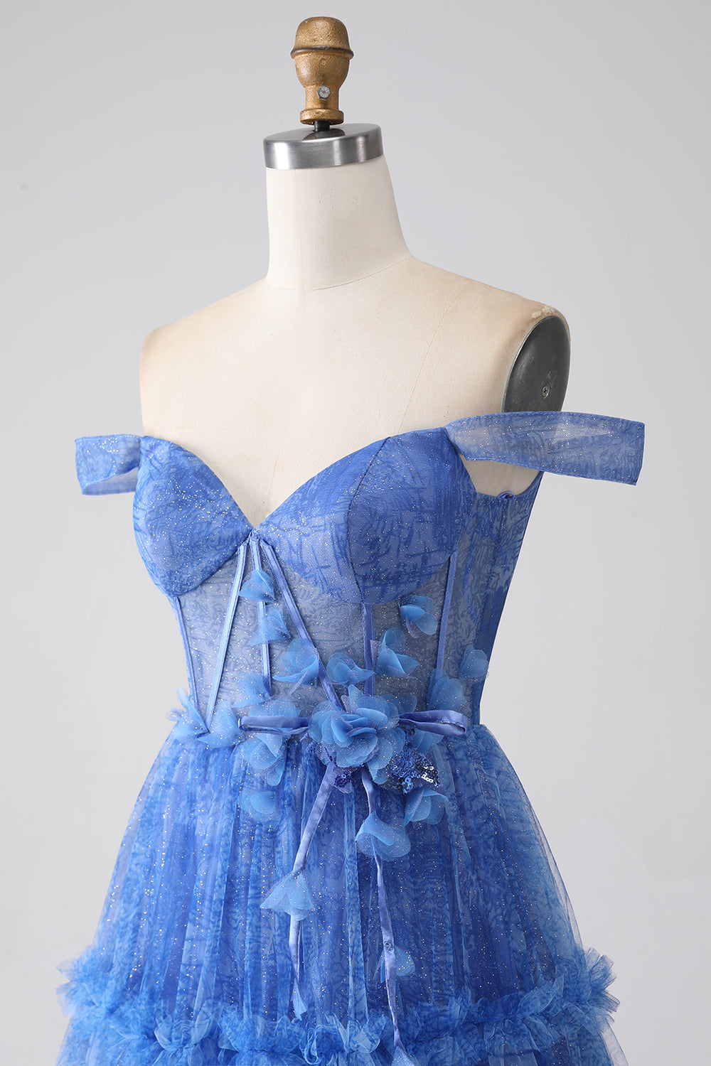 Blau bedrucktes A-Linie Tüll korsett Ballkleid