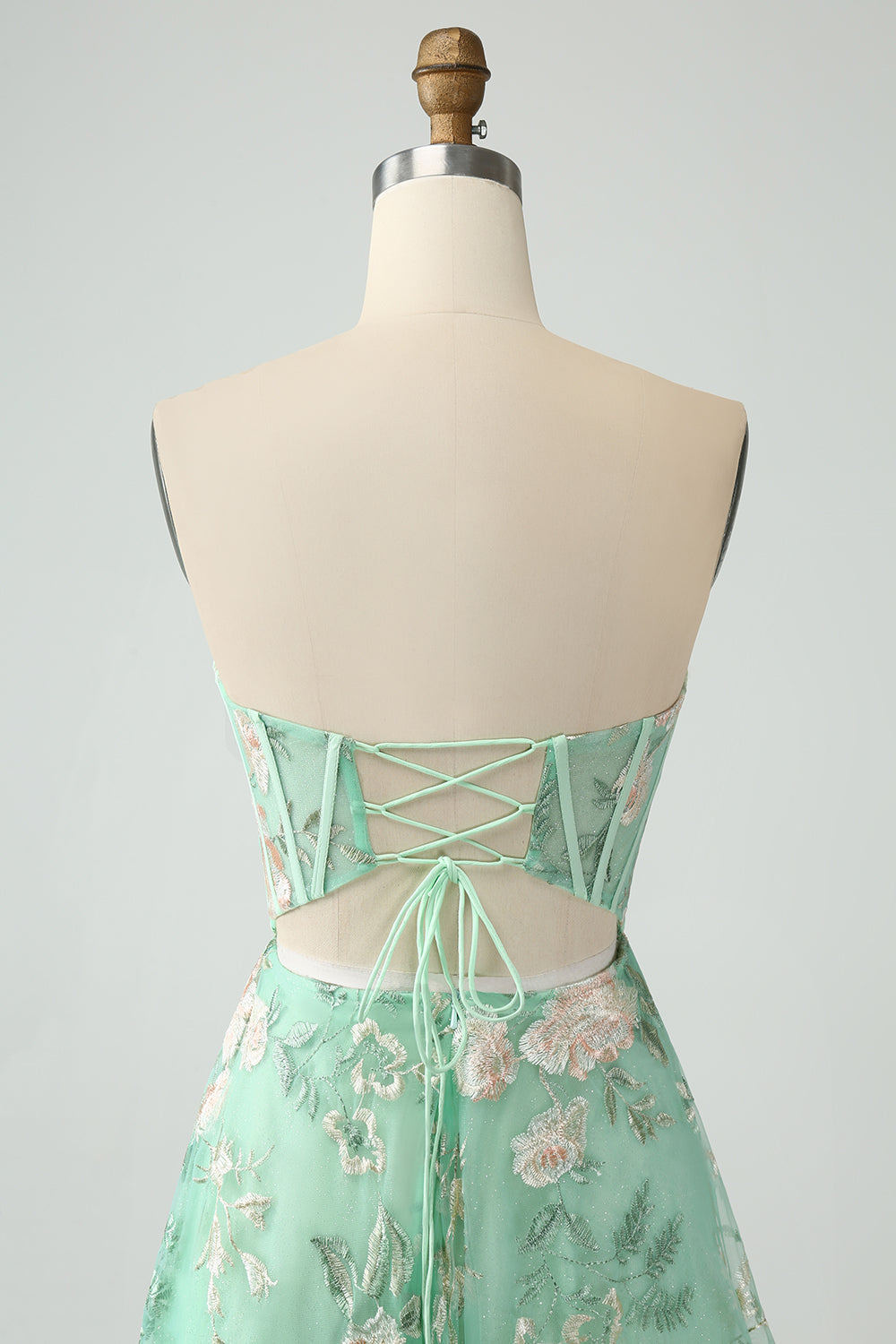 Grünes A Linie Trägerloses bedrucktes Korsett Ballkleid mit Schlitz