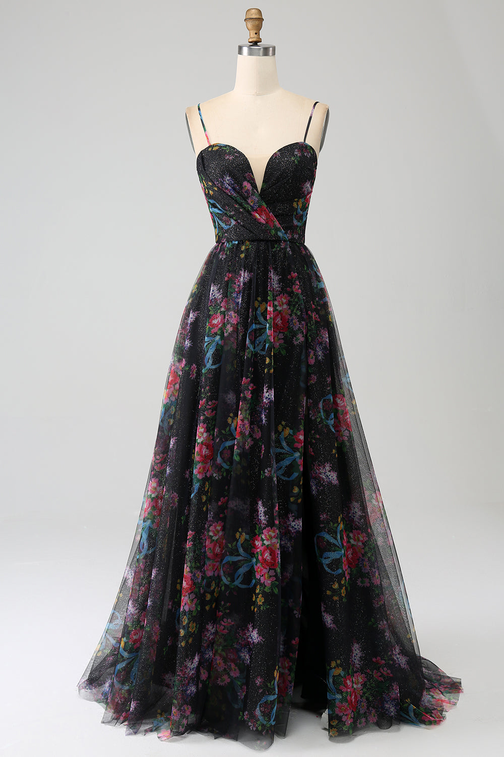 Schwarzes bedrucktes Spaghettiträger Ballkleid in A-Linie mit Schlitz