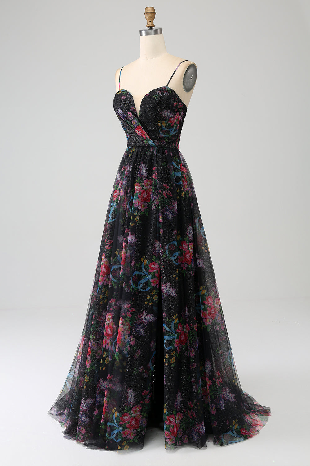 Schwarzes bedrucktes Spaghettiträger Ballkleid in A-Linie mit Schlitz
