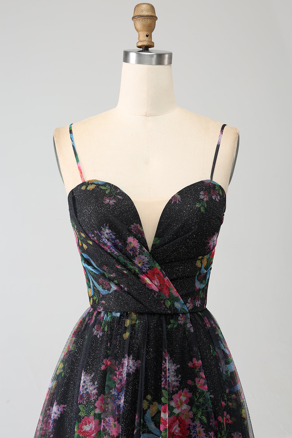 Schwarzes bedrucktes Spaghettiträger Ballkleid in A-Linie mit Schlitz