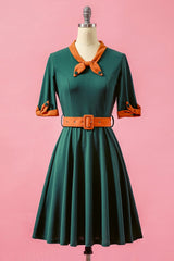 Grün Patchwork V-Ausschnitt Swing Partykleid