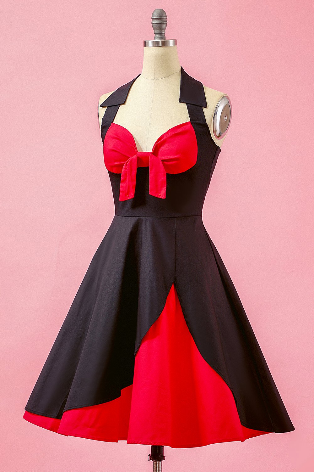 Schwarz Patchwork V Ausschnitt Swing Partykleid