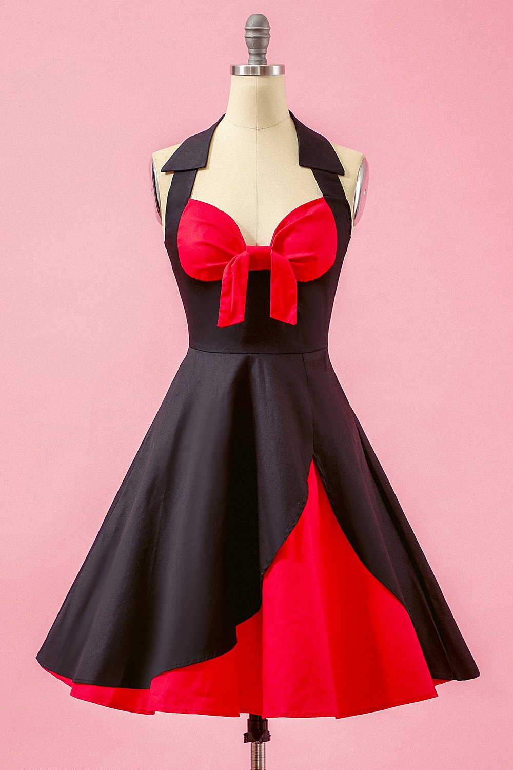 Schwarz Patchwork V Ausschnitt Swing Partykleid