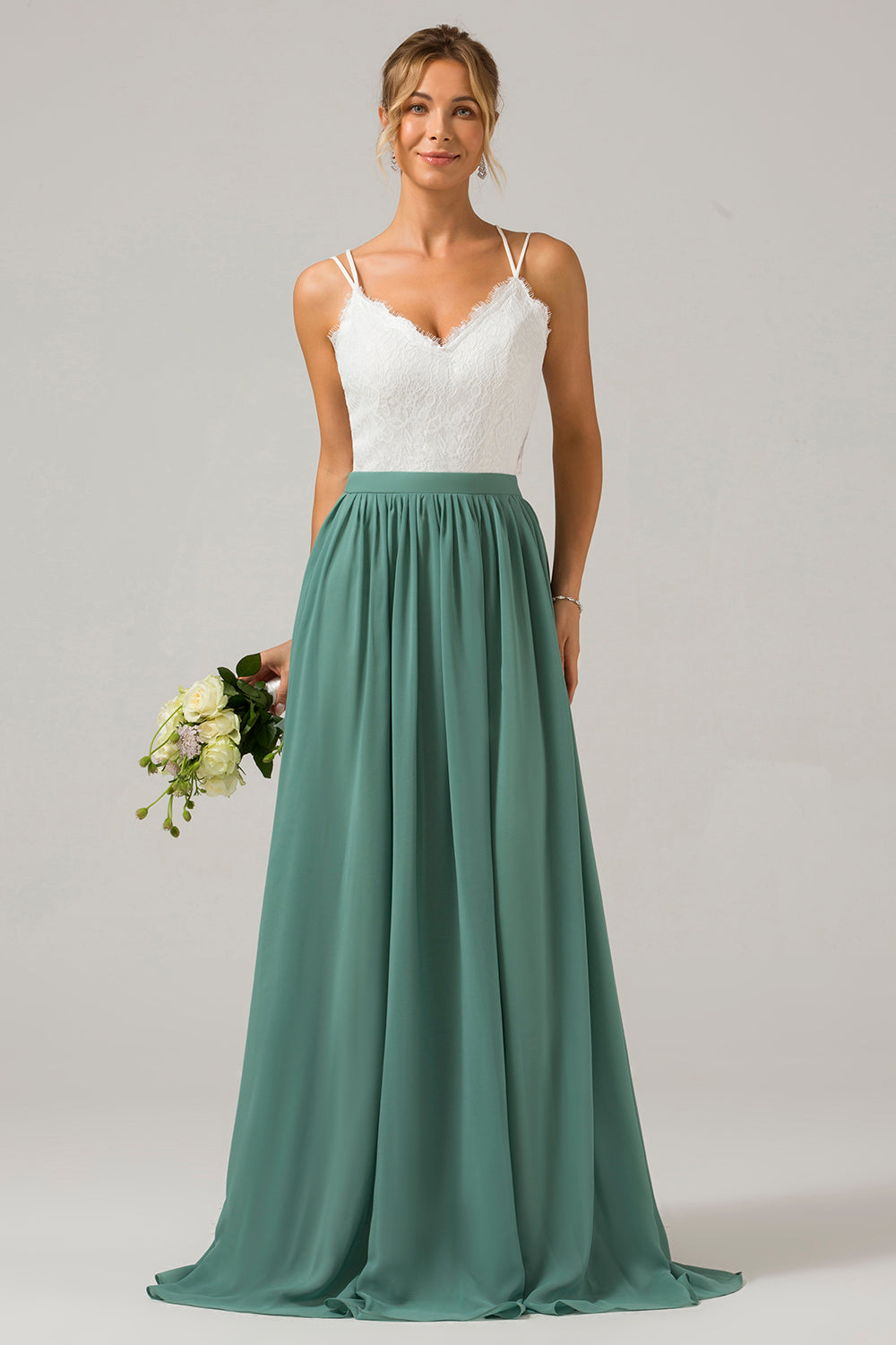 Zapaka Damen Eucalyptus Boho Langes Chiffon Spitze Brautjungfernkleid mit Spaghettiträger Hochzeitsfeier Kleid