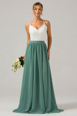 Zapaka Damen Eucalyptus Boho Langes Chiffon Spitze Brautjungfernkleid mit Spaghettiträger Hochzeitsfeier Kleid