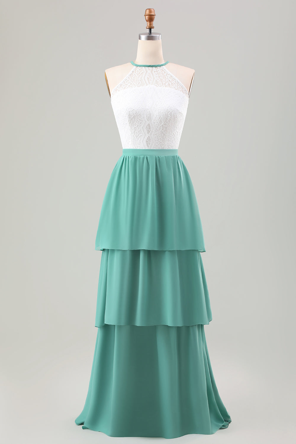 Eukalyptus A Linie gestuftes langes Brautjungfernkleid mit Rüschen und Spitze