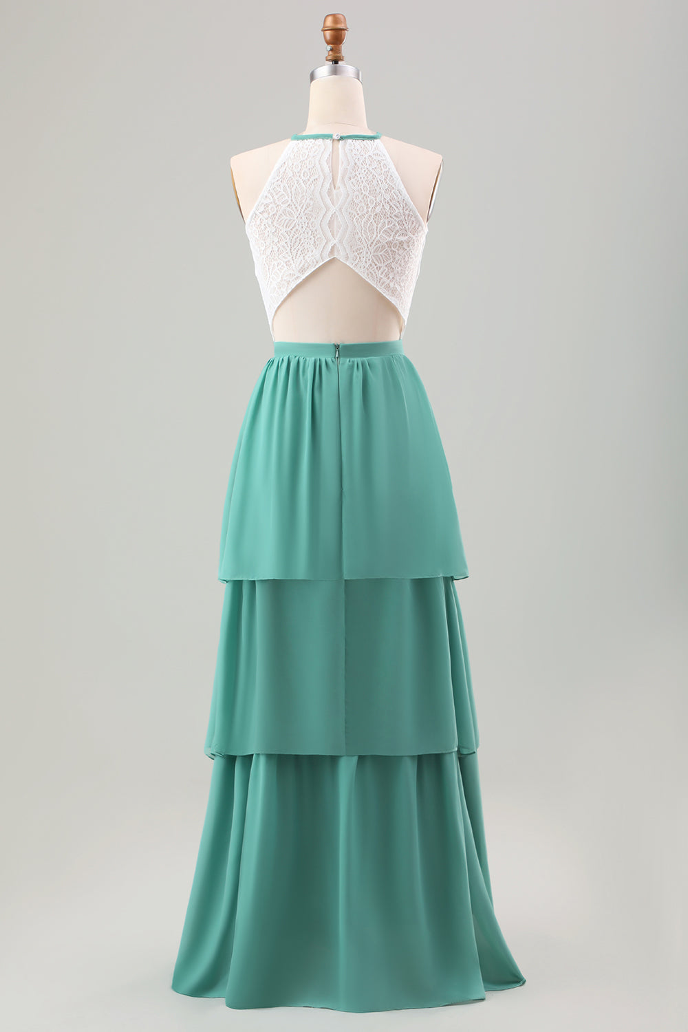 Eukalyptus A Linie gestuftes langes Brautjungfernkleid mit Rüschen und Spitze