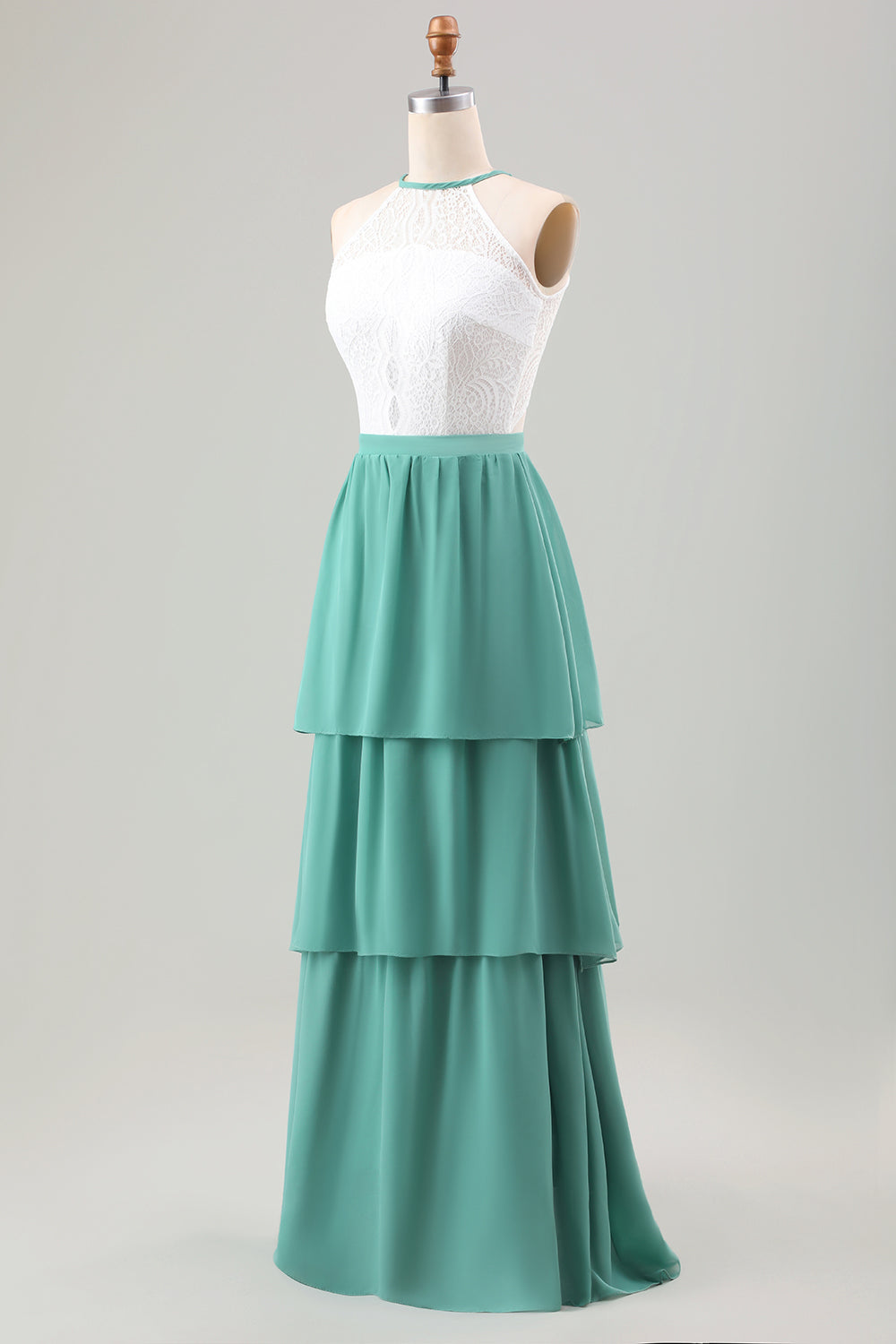 Eukalyptus A Linie gestuftes langes Brautjungfernkleid mit Rüschen und Spitze