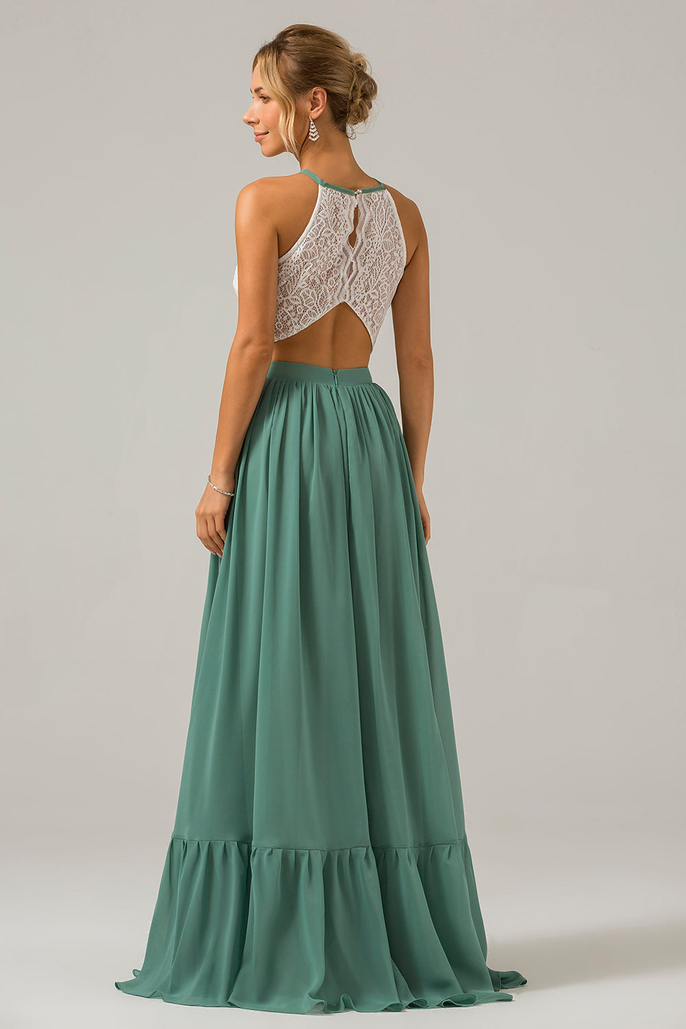 Eukalyptus Schlüsselloch Boho Chiffon Langes Brautjungfernkleid mit Spitze