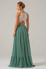 Eukalyptus Schlüsselloch Boho Chiffon Langes Brautjungfernkleid mit Spitze