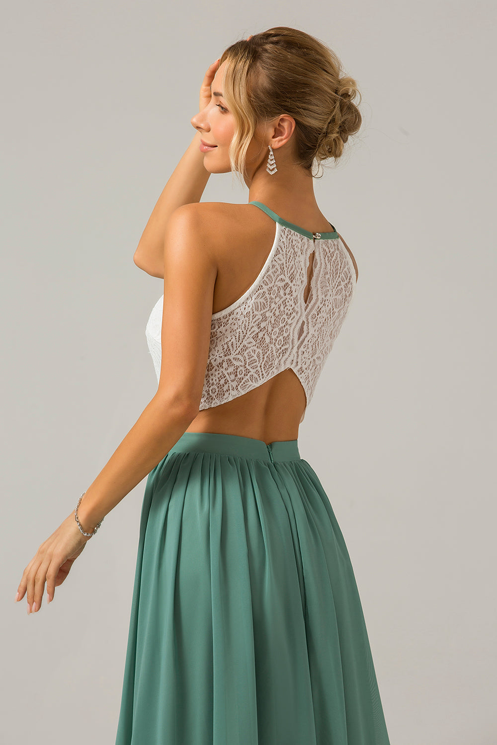 Eukalyptus Schlüsselloch Boho Chiffon Langes Brautjungfernkleid mit Spitze