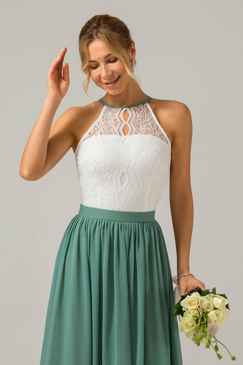 Eukalyptus Schlüsselloch Boho Chiffon Langes Brautjungfernkleid mit Spitze