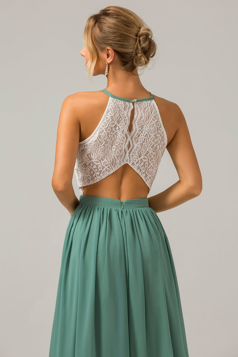 Eukalyptus Schlüsselloch Boho Chiffon Langes Brautjungfernkleid mit Spitze