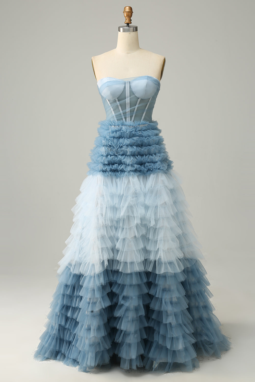 A Linie Herzausschnitt Grau Blau Langes Ballkleid mit Rüschen