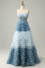 A Linie Herzausschnitt Grau Blau Langes Ballkleid mit Rüschen