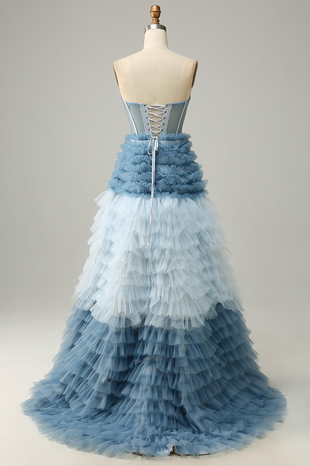 A Linie Herzausschnitt Grau Blau Langes Ballkleid mit Rüschen