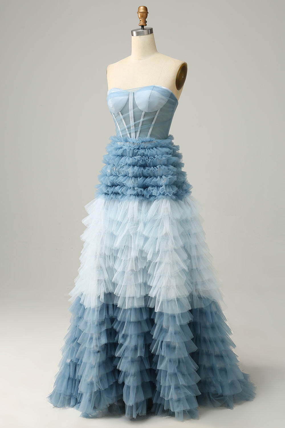 A Linie Herzausschnitt Grau Blau Langes Ballkleid mit Rüschen