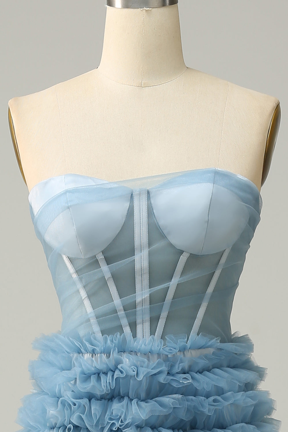 A Linie Herzausschnitt Grau Blau Langes Ballkleid mit Rüschen