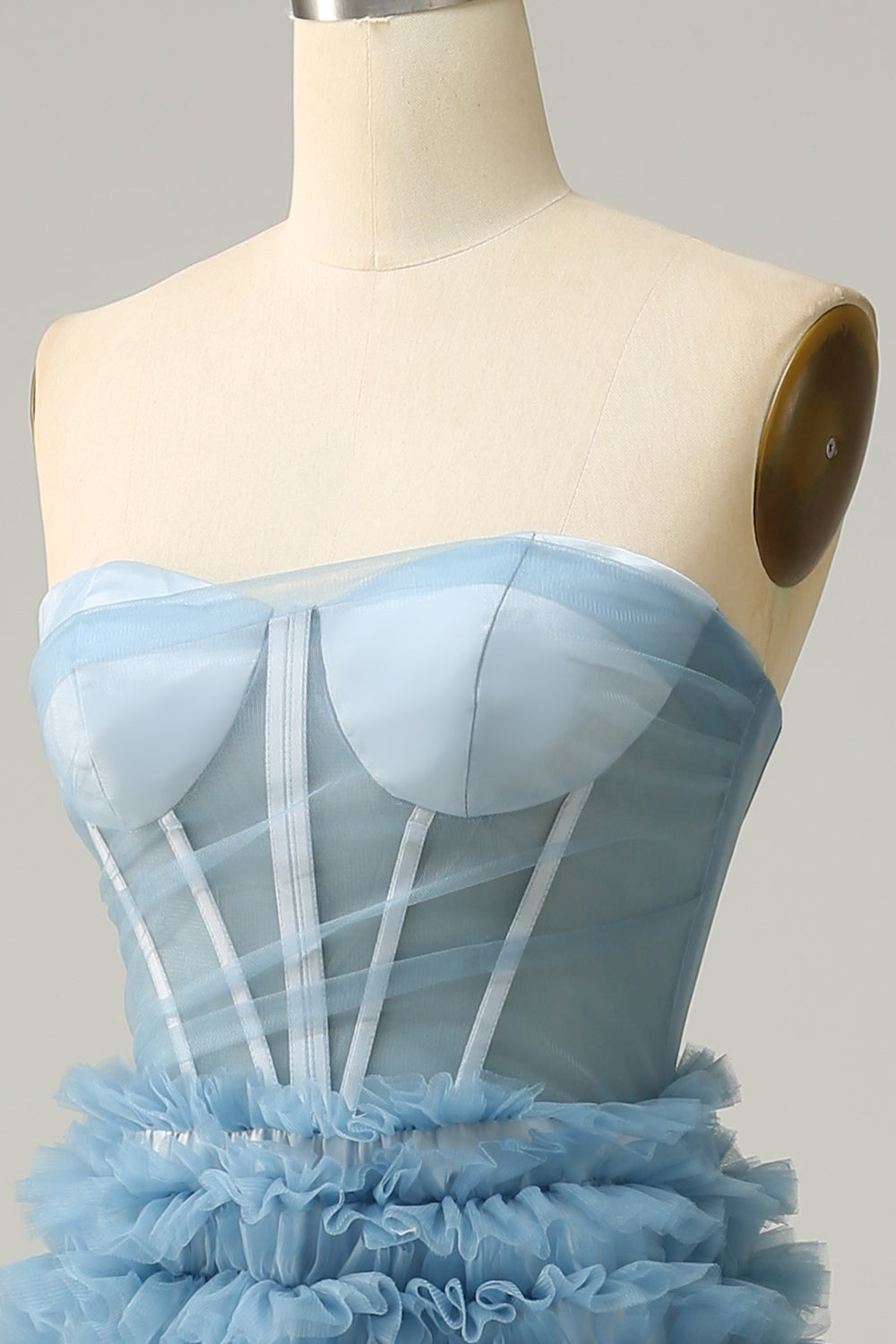 A Linie Herzausschnitt Grau Blau Langes Ballkleid mit Rüschen