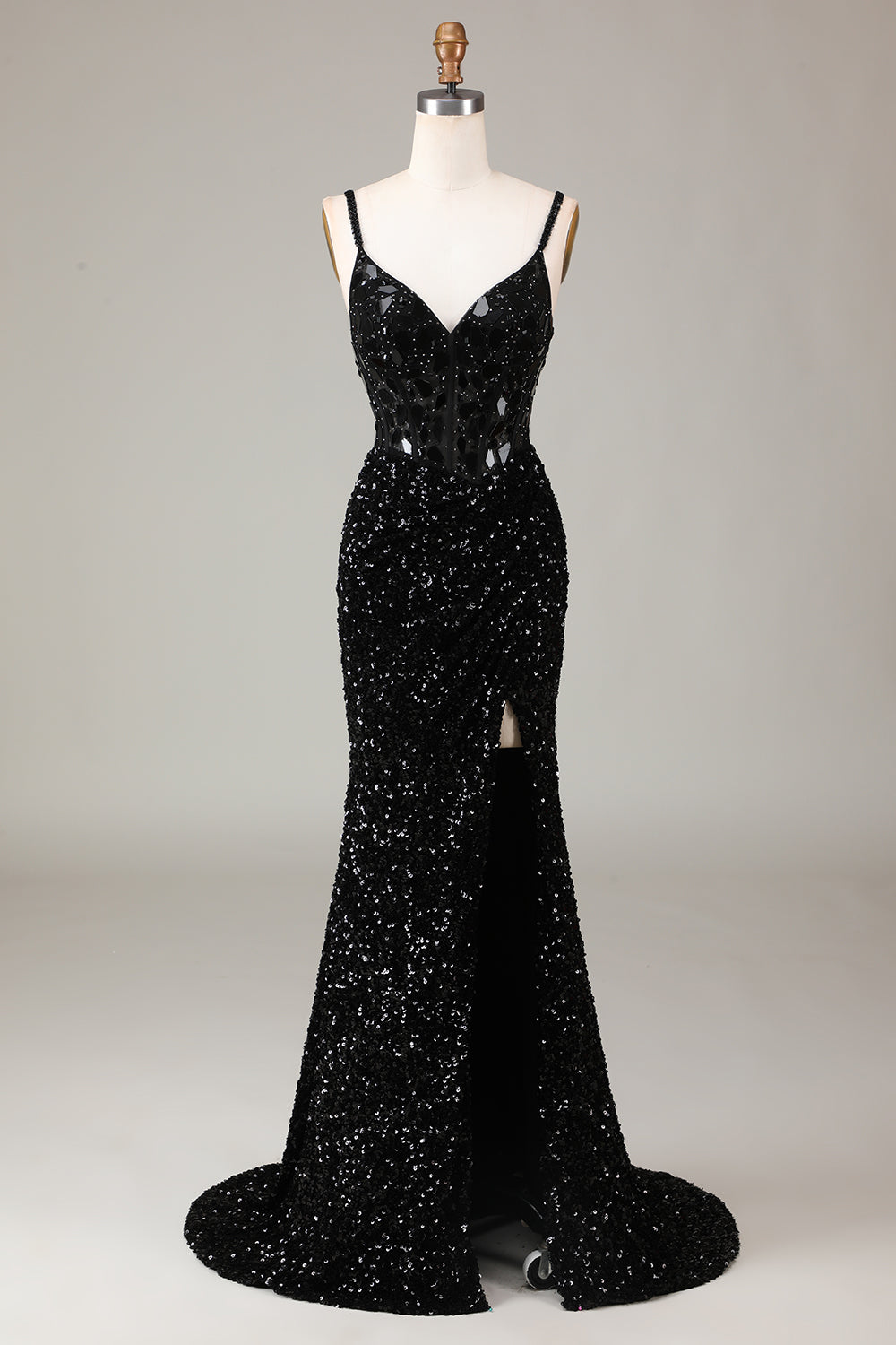 Glitter Pailletten Rotes Korsett Ballkleid mit Schlitz