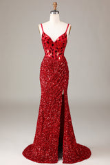 Glitter Pailletten Rotes Korsett Ballkleid mit Schlitz