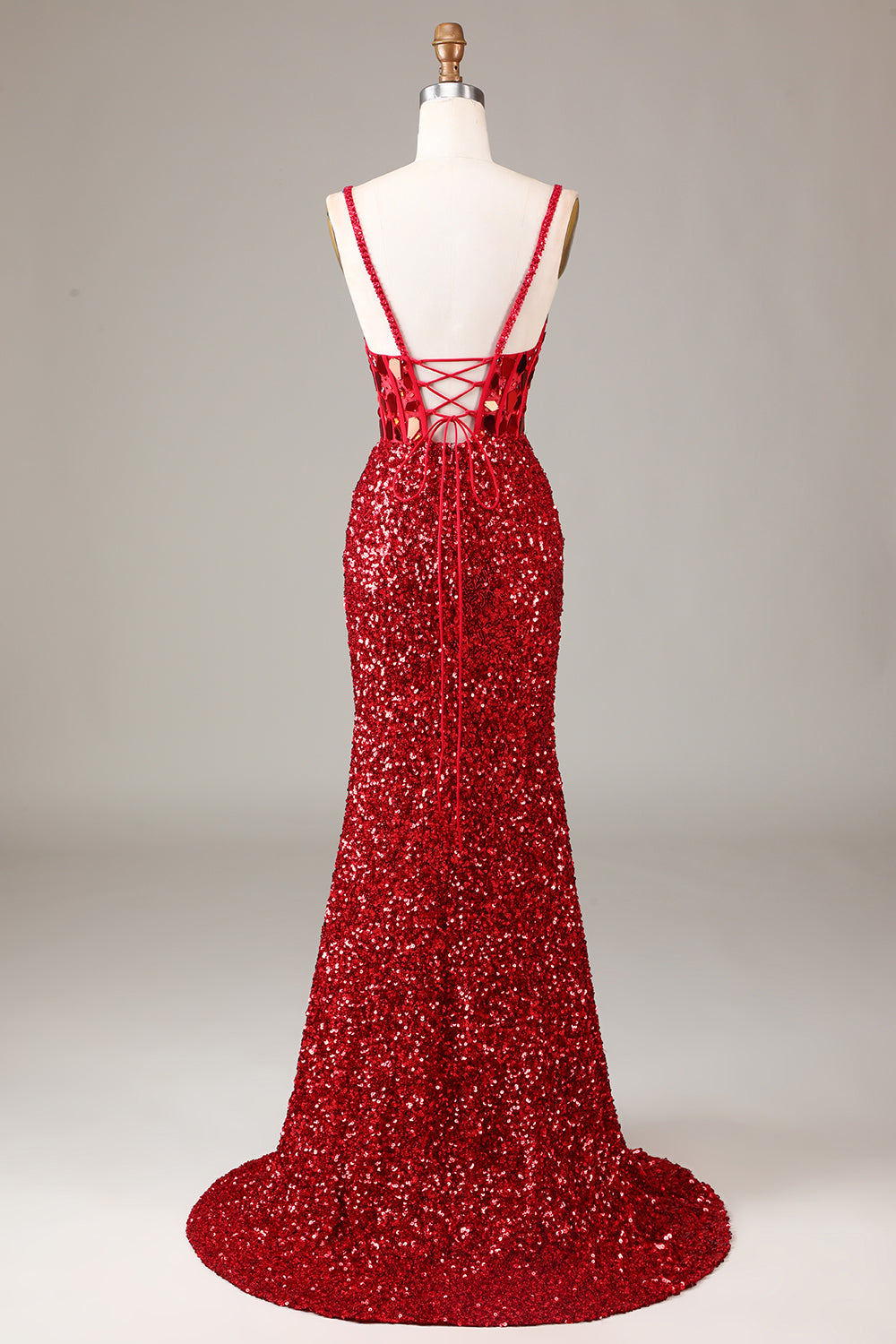 Glitter Pailletten Rotes Korsett Ballkleid mit Schlitz