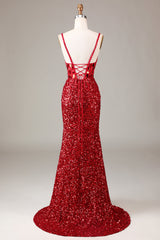 Glitter Pailletten Rotes Korsett Ballkleid mit Schlitz