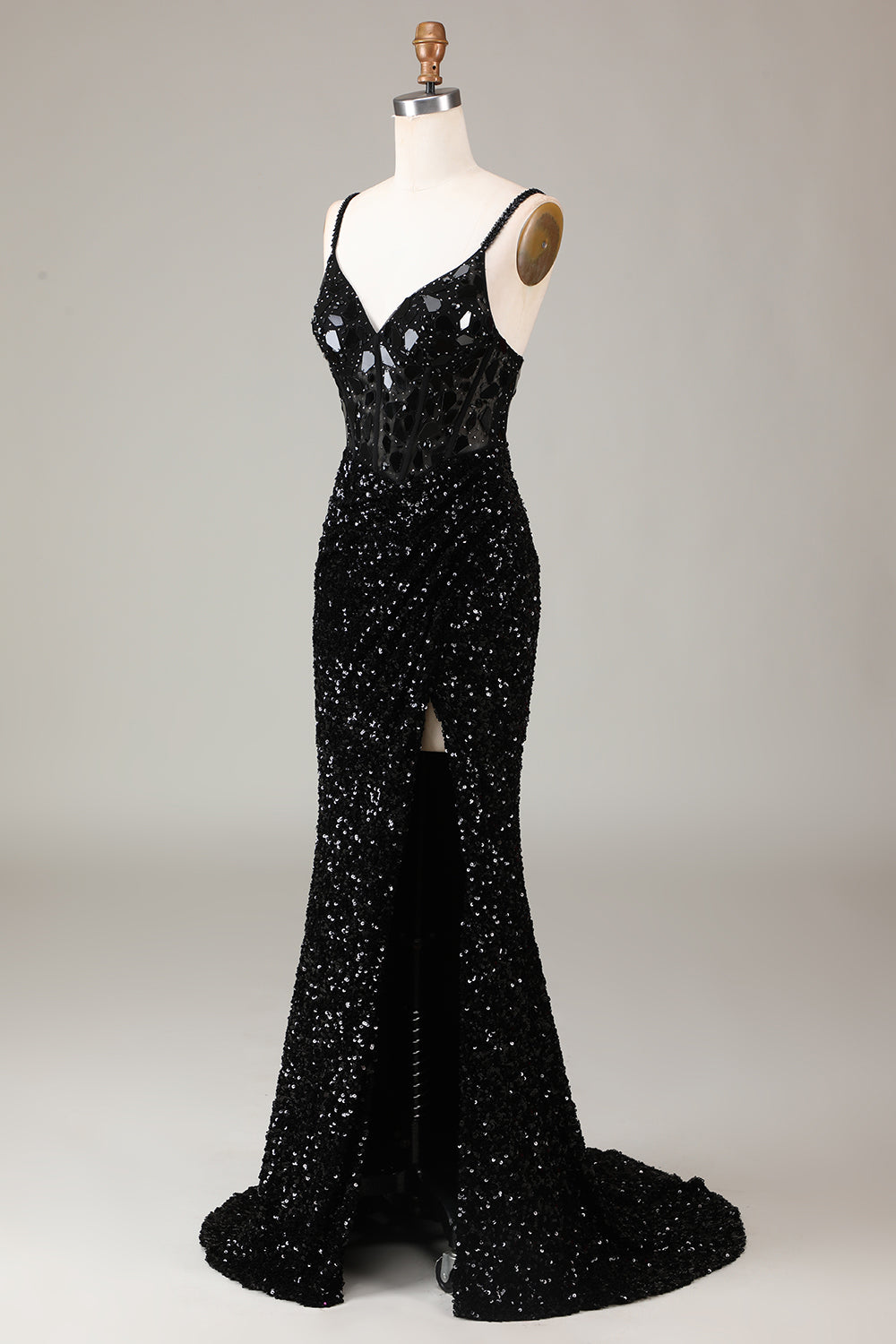 Glitter Pailletten Rotes Korsett Ballkleid mit Schlitz