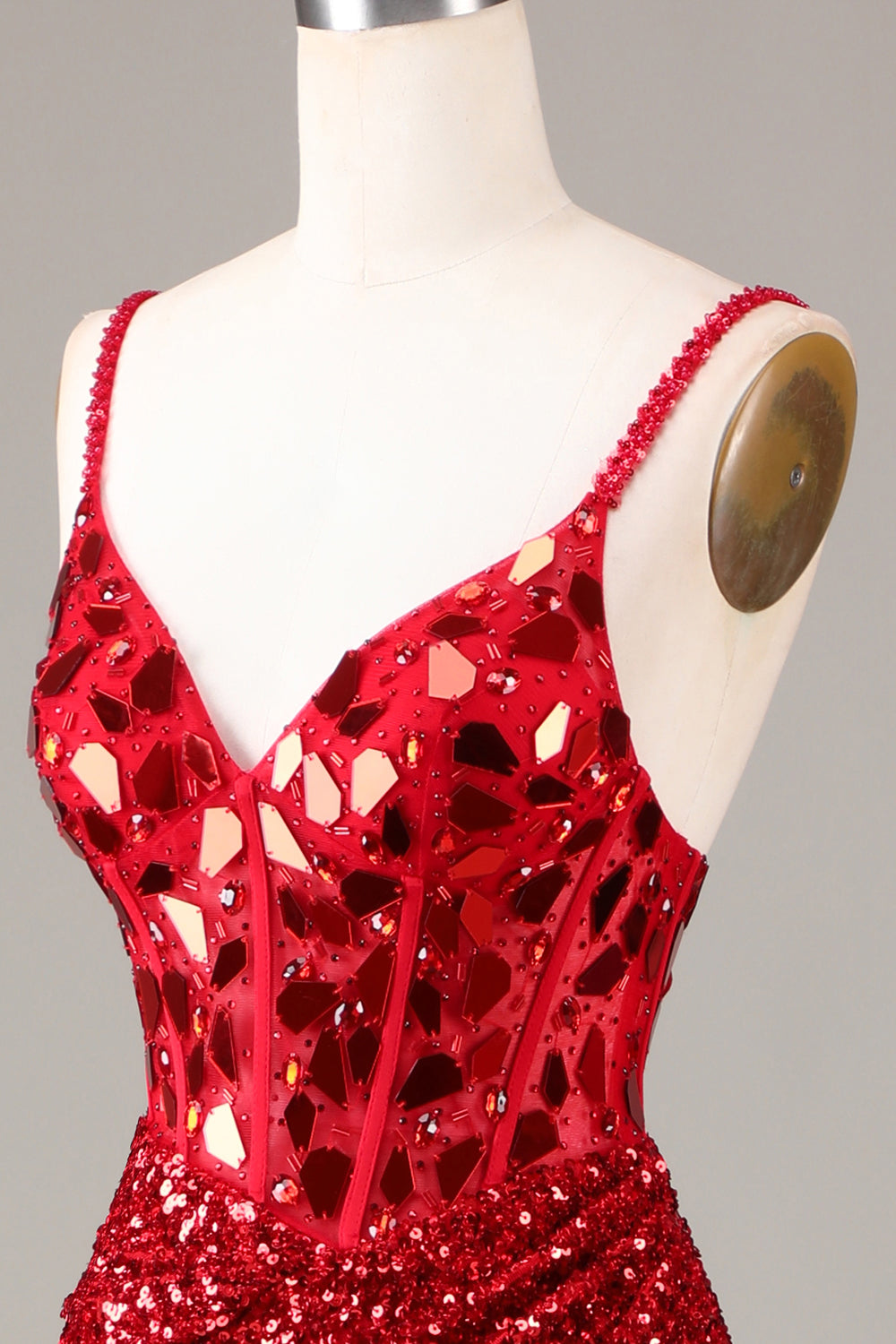 Glitter Pailletten Rotes Korsett Ballkleid mit Schlitz