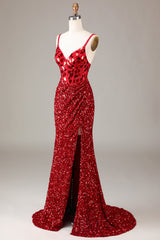 Glitter Pailletten Rotes Korsett Ballkleid mit Schlitz