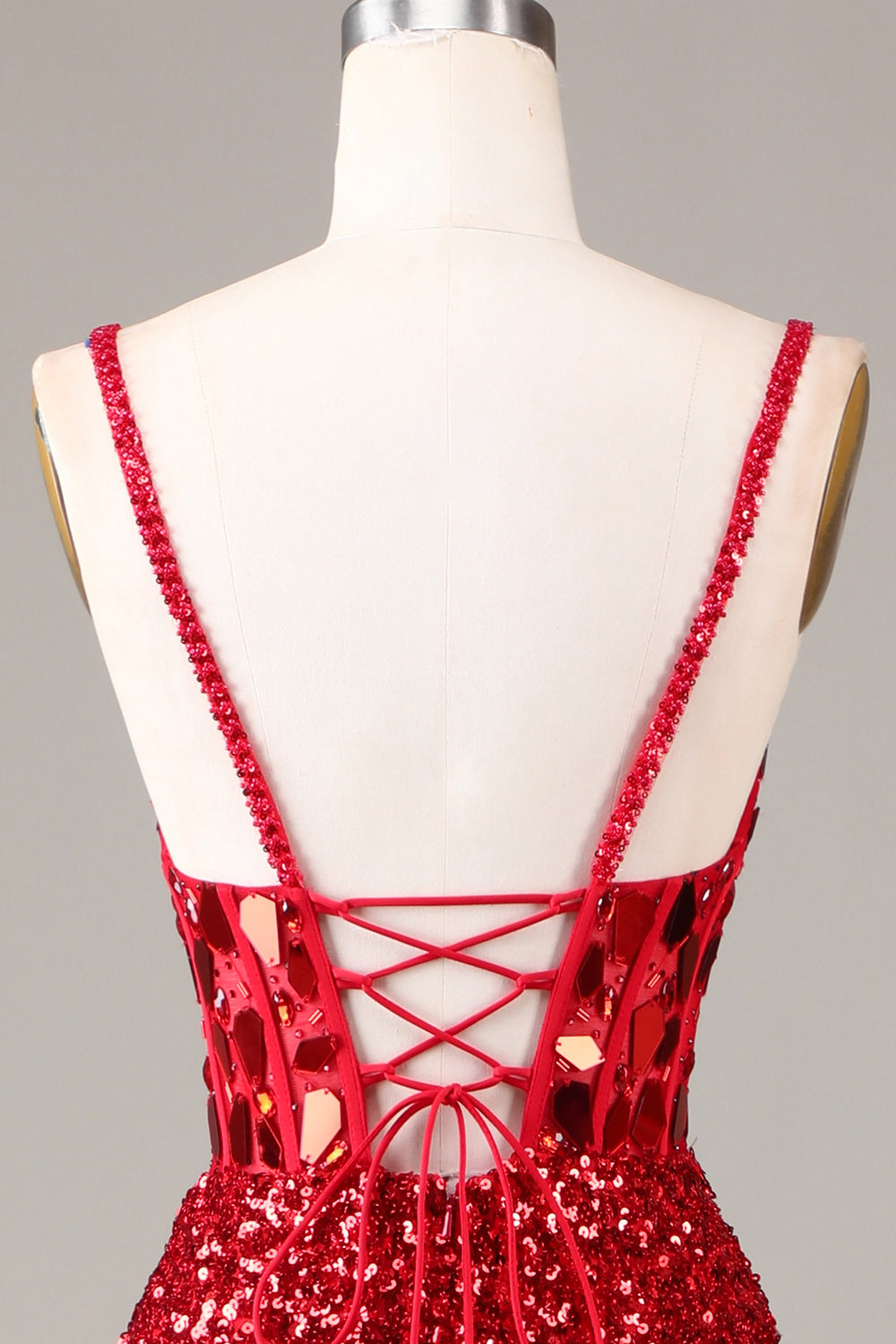 Glitter Pailletten Rotes Korsett Ballkleid mit Schlitz
