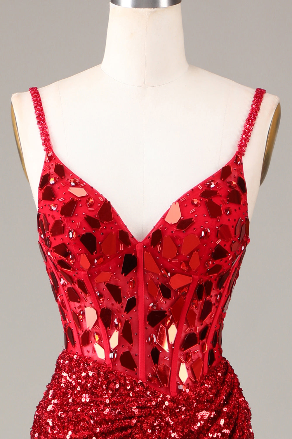 Glitter Pailletten Rotes Korsett Ballkleid mit Schlitz