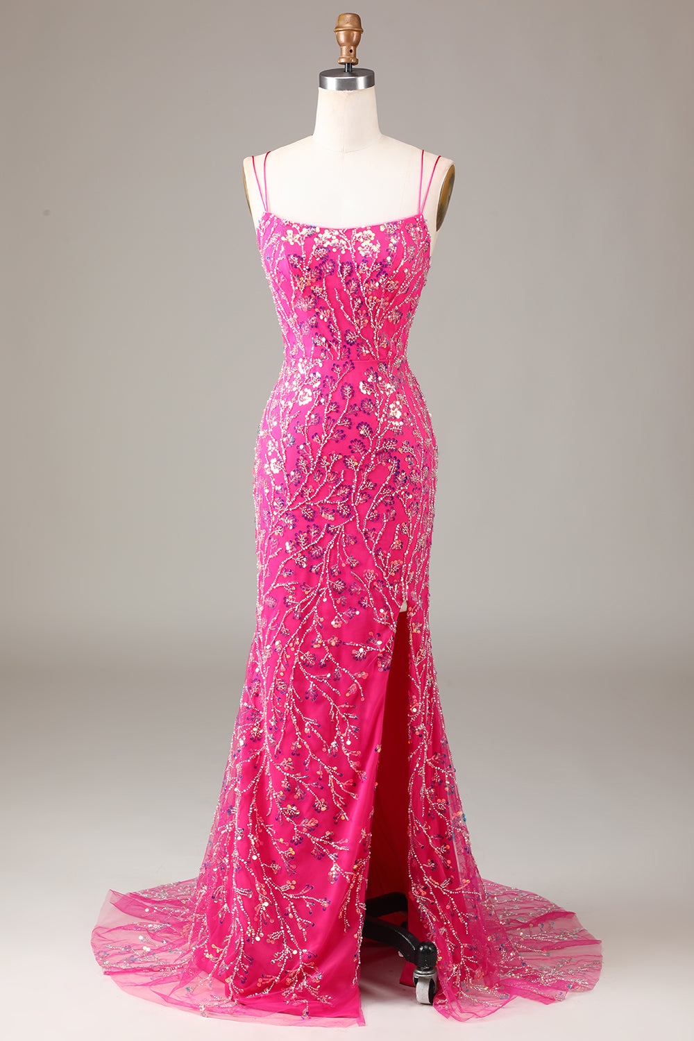 Fuchsia Pailletten- und perlenbesetztes Meerjungfrauen Ballkleid mit Schlitz