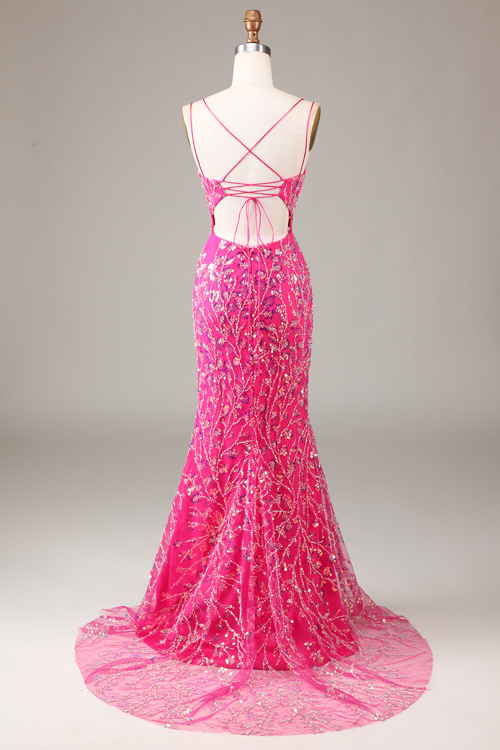 Fuchsia Pailletten- und perlenbesetztes Meerjungfrauen Ballkleid mit Schlitz
