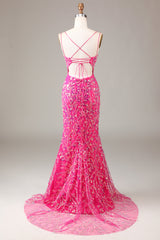 Fuchsia Pailletten- und perlenbesetztes Meerjungfrauen Ballkleid mit Schlitz