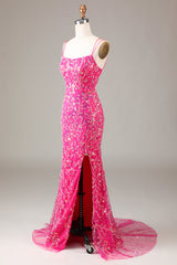 Fuchsia Pailletten- und perlenbesetztes Meerjungfrauen Ballkleid mit Schlitz