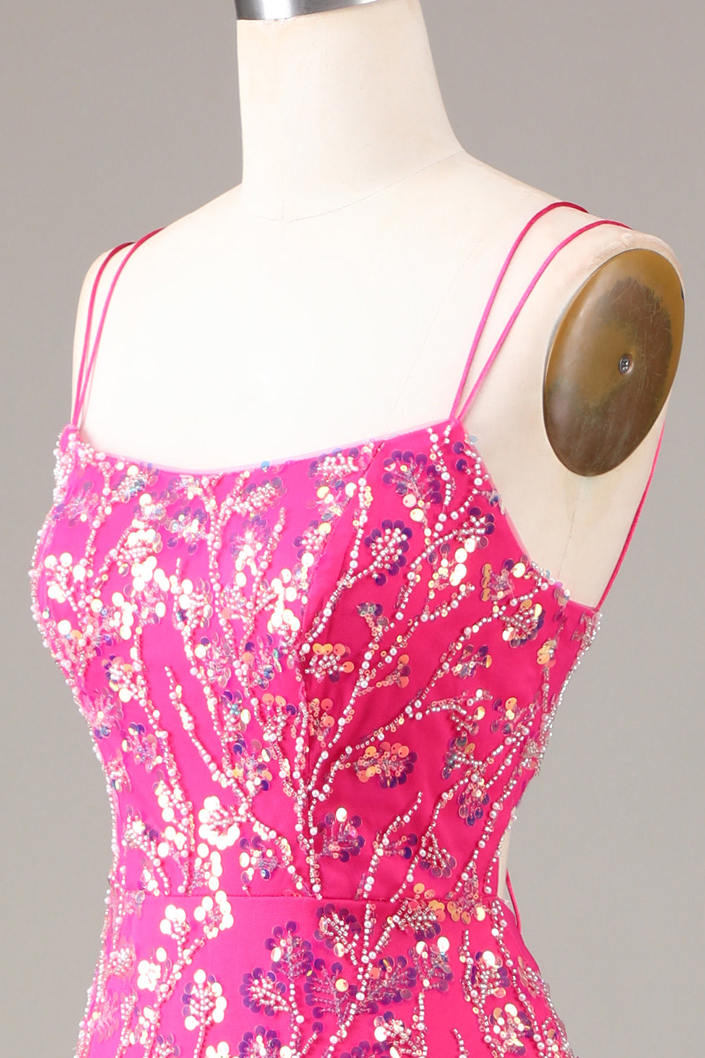 Fuchsia Pailletten- und perlenbesetztes Meerjungfrauen Ballkleid mit Schlitz