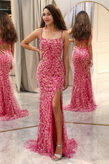 Fuchsia Pailletten- und perlenbesetztes Meerjungfrauen Ballkleid mit Schlitz