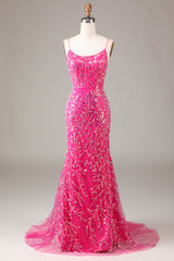 Fuchsia Pailletten- und perlenbesetztes Meerjungfrauen Ballkleid mit rückenfreiem Rücken