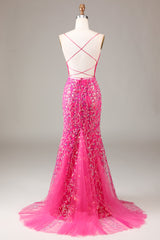 Fuchsia Pailletten- und perlenbesetztes Meerjungfrauen Ballkleid mit rückenfreiem Rücken