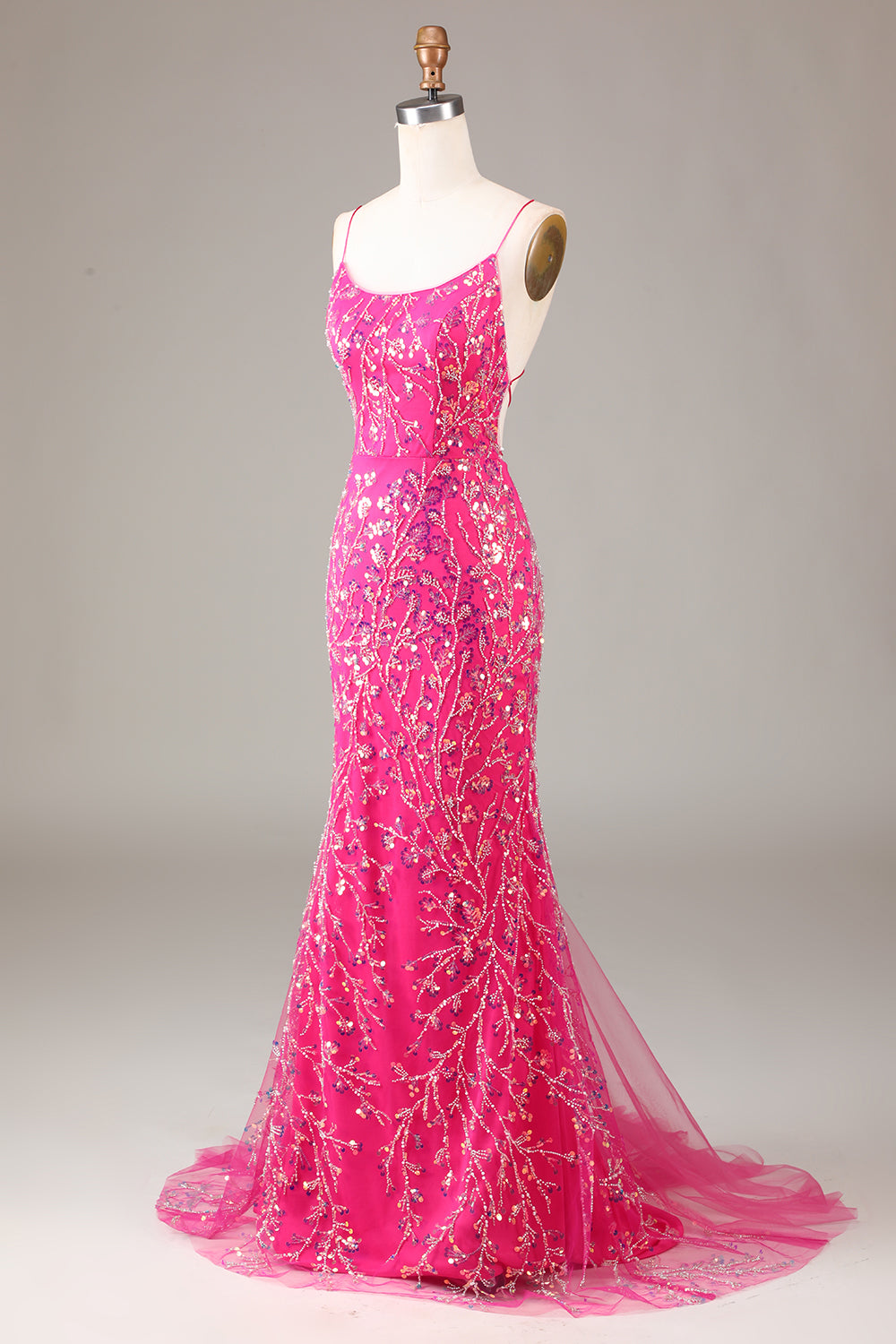 Fuchsia Pailletten- und perlenbesetztes Meerjungfrauen Ballkleid mit rückenfreiem Rücken