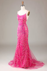 Fuchsia Pailletten- und perlenbesetztes Meerjungfrauen Ballkleid mit rückenfreiem Rücken