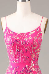 Fuchsia Pailletten- und perlenbesetztes Meerjungfrauen Ballkleid mit rückenfreiem Rücken